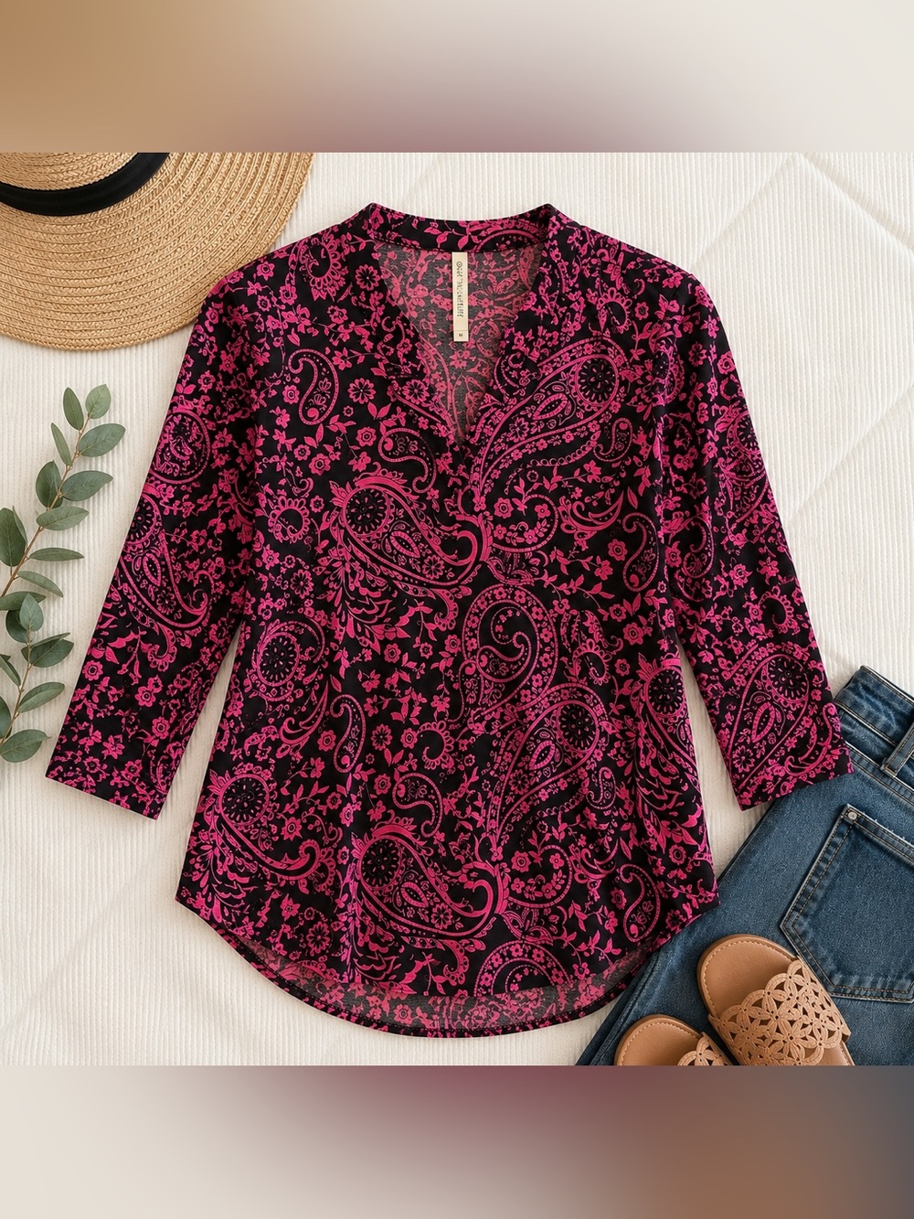 💗 🖤Dear Scarlett Black & Hot Pink Paisley 3/4 Sleeve Knit Blouse Medium
